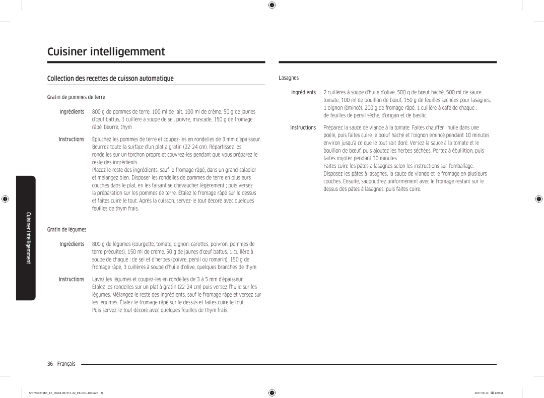 Samsung NV75K5571RM/EF manual Collection des recettes de cuisson automatique, Gratin de légumes 