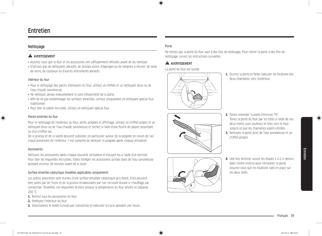 Samsung NV75K5571RM/EF manual Entretien, La porte du four est lourde, Faites remonter la porte denviron 