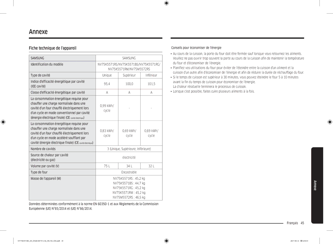 Samsung NV75K5571RM/EF manual Annexe, Fiche technique de lappareil 