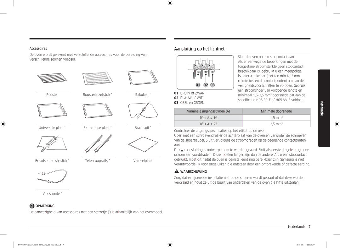 Samsung NV75K5571RM/EF manual Aansluiting op het lichtnet, Vleessonde, Minimale doorsnede 