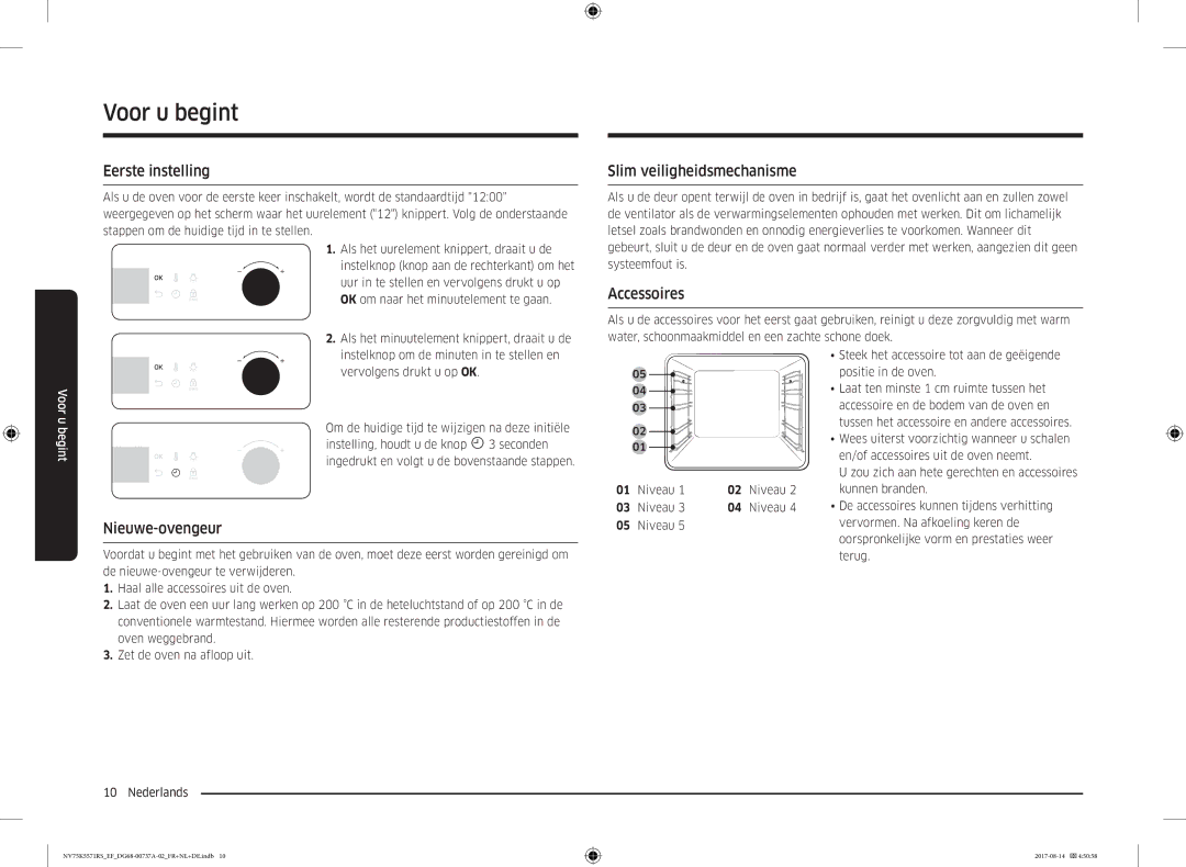 Samsung NV75K5571RM/EF manual Voor u begint, Eerste instelling, Slim veiligheidsmechanisme, Nieuwe-ovengeur, Niveau 