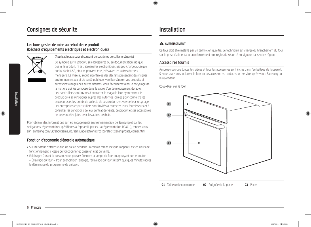 Samsung NV75K5571RM/EF manual Installation, Fonction déconomie dénergie automatique, Accessoires fournis 