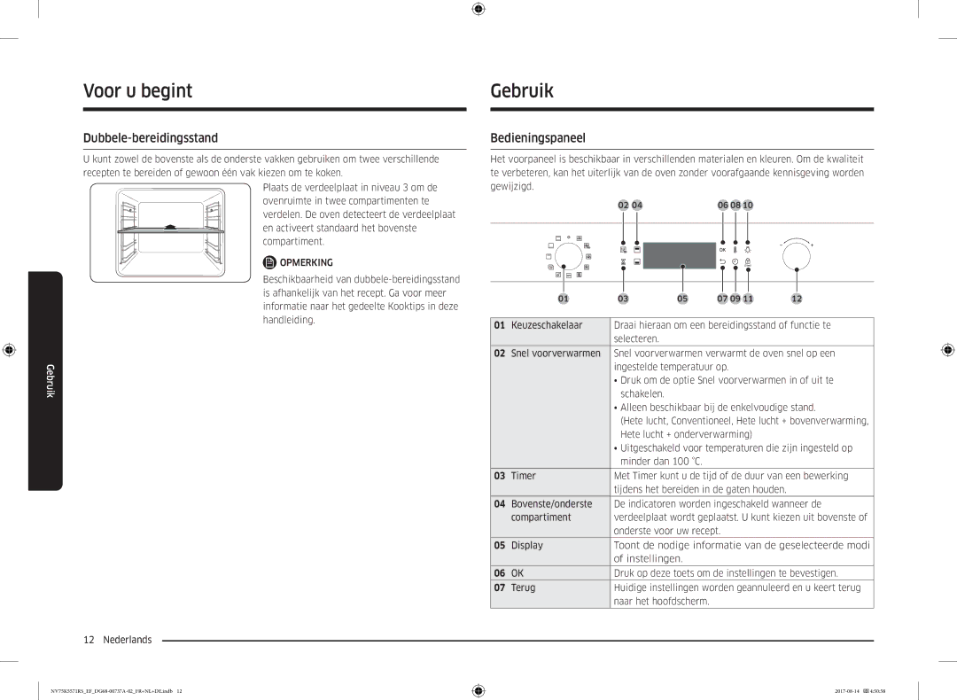 Samsung NV75K5571RM/EF manual Gebruik, Dubbele-bereidingsstand, Bedieningspaneel 