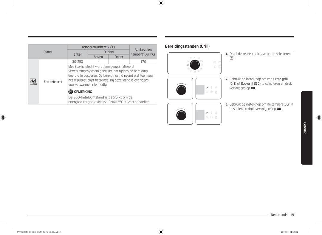 Samsung NV75K5571RM/EF manual Bereidingsstanden Grill, Temperatuurbereik C Aanbevolen Stand Dubbel Enkel 