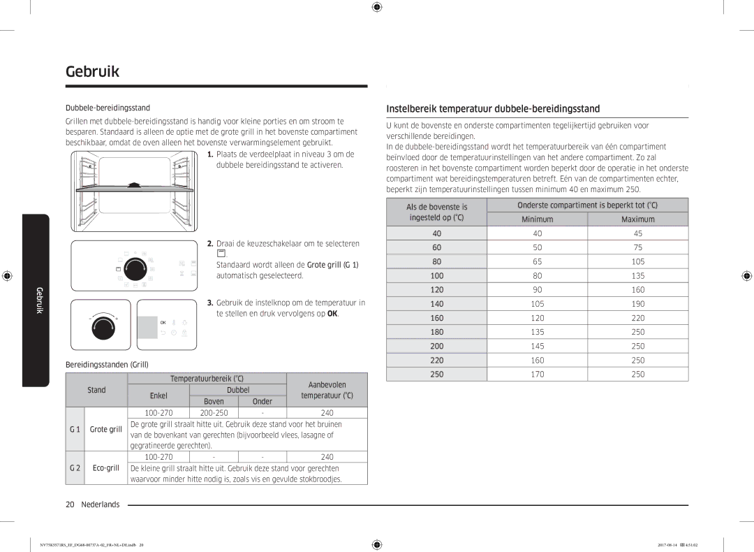 Samsung NV75K5571RM/EF manual Instelbereik temperatuur dubbele-bereidingsstand, Boven, 100-270 200-250 