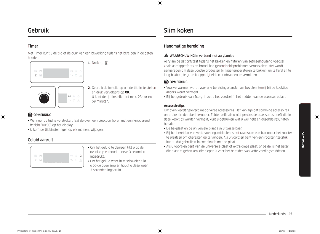 Samsung NV75K5571RM/EF manual Slim koken, Timer, Geluid aan/uit, Handmatige bereiding, Accessoiretips 