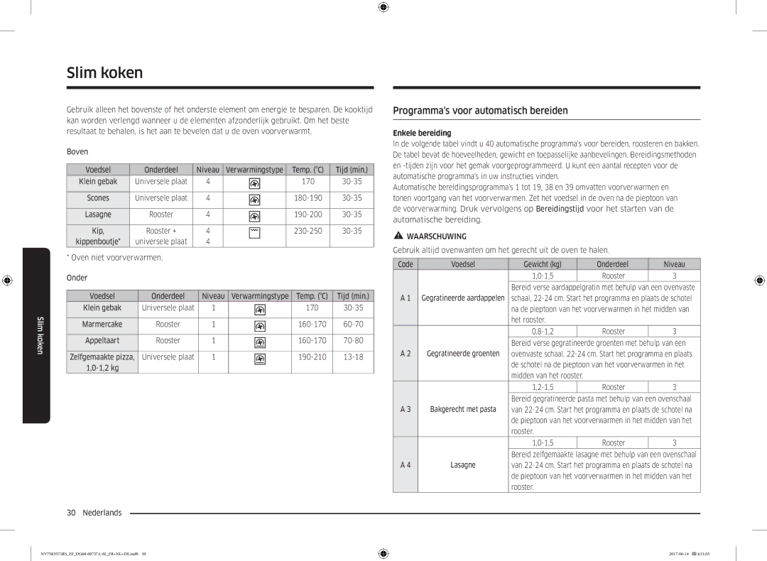 Samsung NV75K5571RM/EF manual Programmas voor automatisch bereiden, Enkele bereiding 