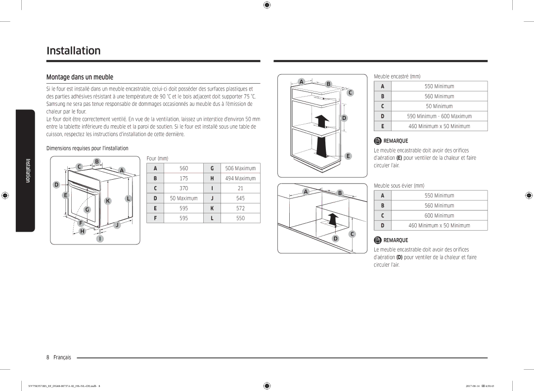 Samsung NV75K5571RM/EF manual Montage dans un meuble, Maximum 