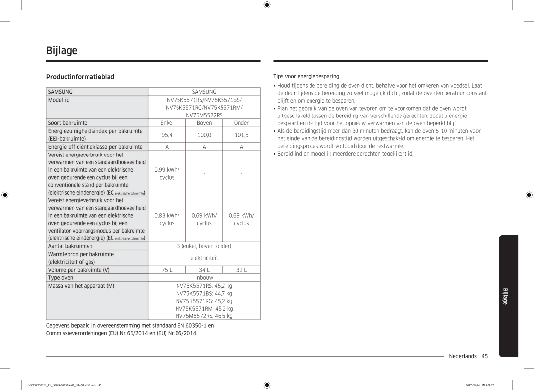 Samsung NV75K5571RM/EF manual Bijlage, Productinformatieblad 