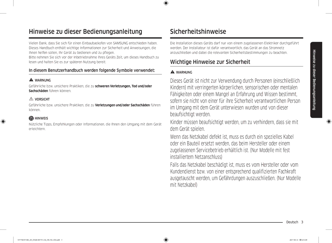 Samsung NV75K5571RM/EF manual Hinweise zu dieser Bedienungsanleitung, Sicherheitshinweise, Deutsch  