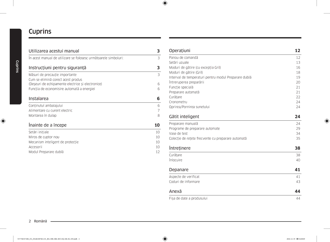 Samsung NV75K5571RS/EG, NV75K5571RS/OL manual Cuprins 