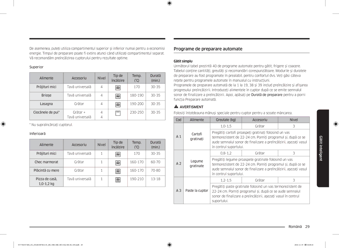 Samsung NV75K5571RS/OL, NV75K5571RS/EG manual Programe de preparare automate, Gătit simplu 