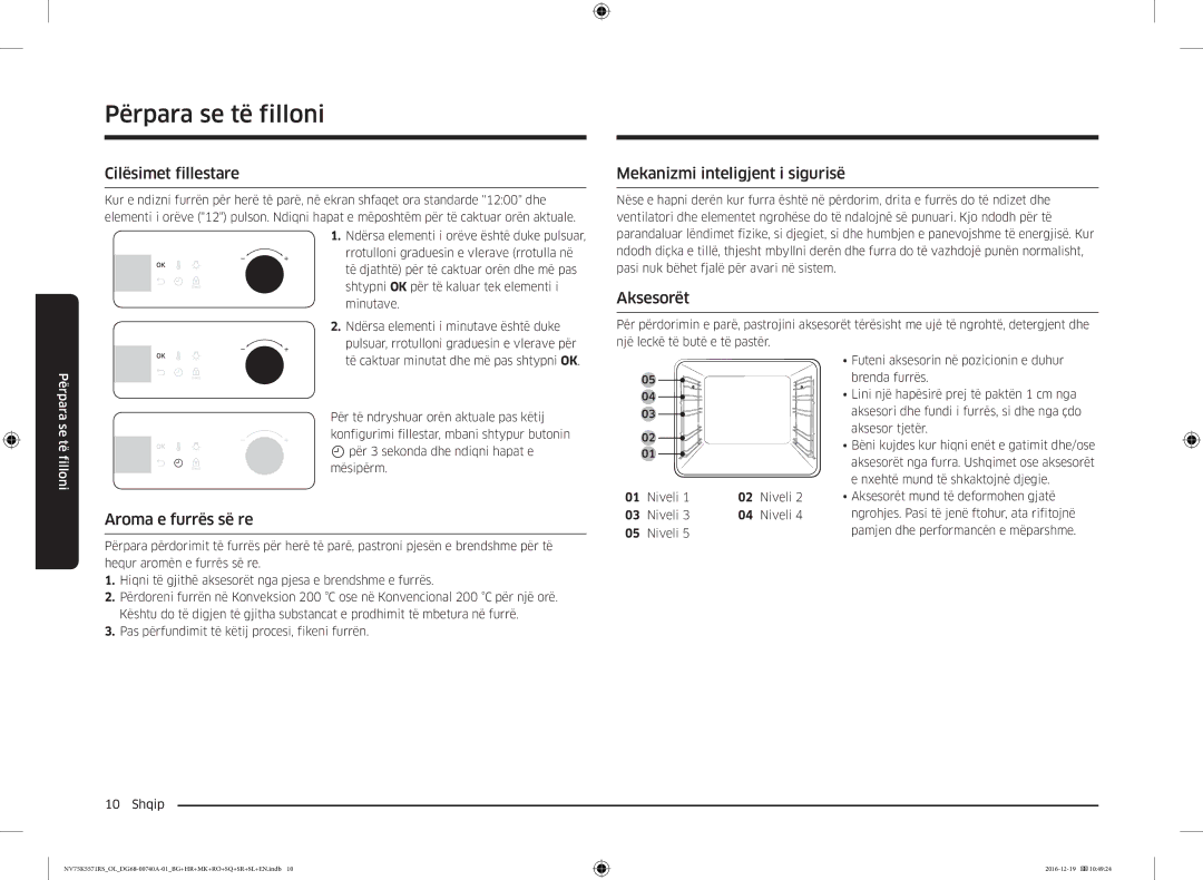 Samsung NV75K5571RS/EG manual Përpara se të filloni, Cilësimet fillestare, Mekanizmi inteligjent i sigurisë, Aksesorët 