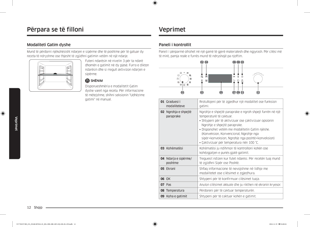 Samsung NV75K5571RS/EG, NV75K5571RS/OL manual Veprimet, Modaliteti Gatim dyshe, Paneli i kontrollit 