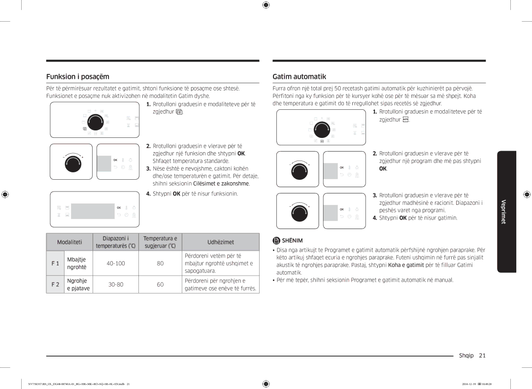 Samsung NV75K5571RS/OL, NV75K5571RS/EG manual Funksion i posaçëm, Gatim automatik 