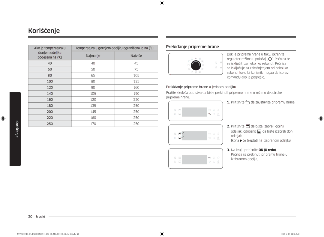 Samsung NV75K5571RS/EG manual Prekidanje pripreme hrane, 100 135 120 160 140 105 190 220 180 250 200 145 170 Srpski 