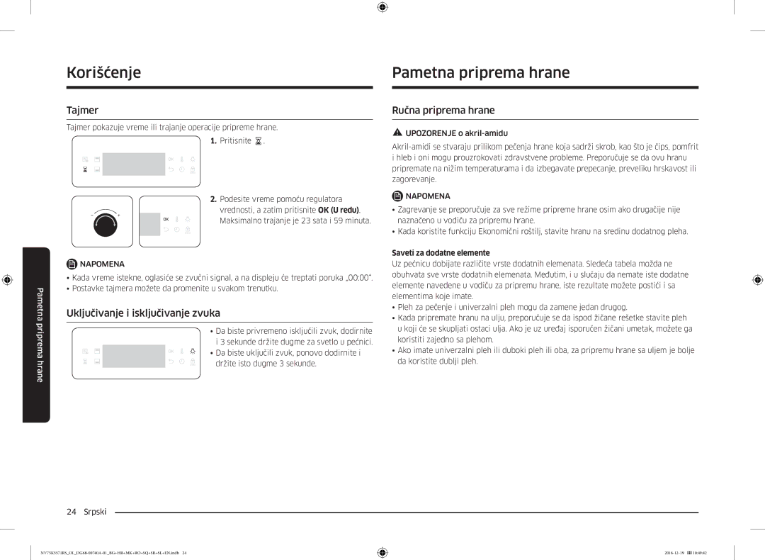 Samsung NV75K5571RS/EG manual Pametna priprema hrane, Tajmer, Uključivanje i isključivanje zvuka, Ručna priprema hrane 