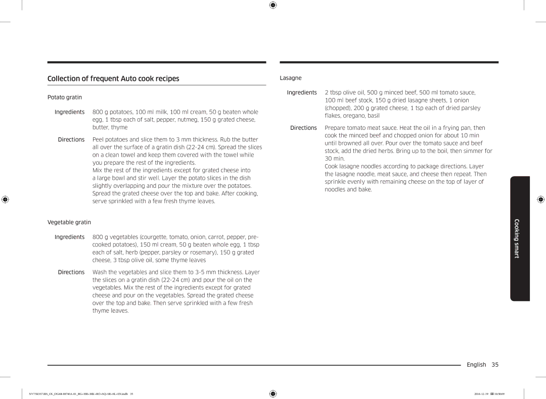 Samsung NV75K5571RS/OL, NV75K5571RS/EG manual Collection of frequent Auto cook recipes 