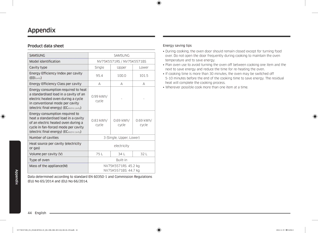 Samsung NV75K5571RS/EG, NV75K5571RS/OL manual Appendix, Product data sheet 