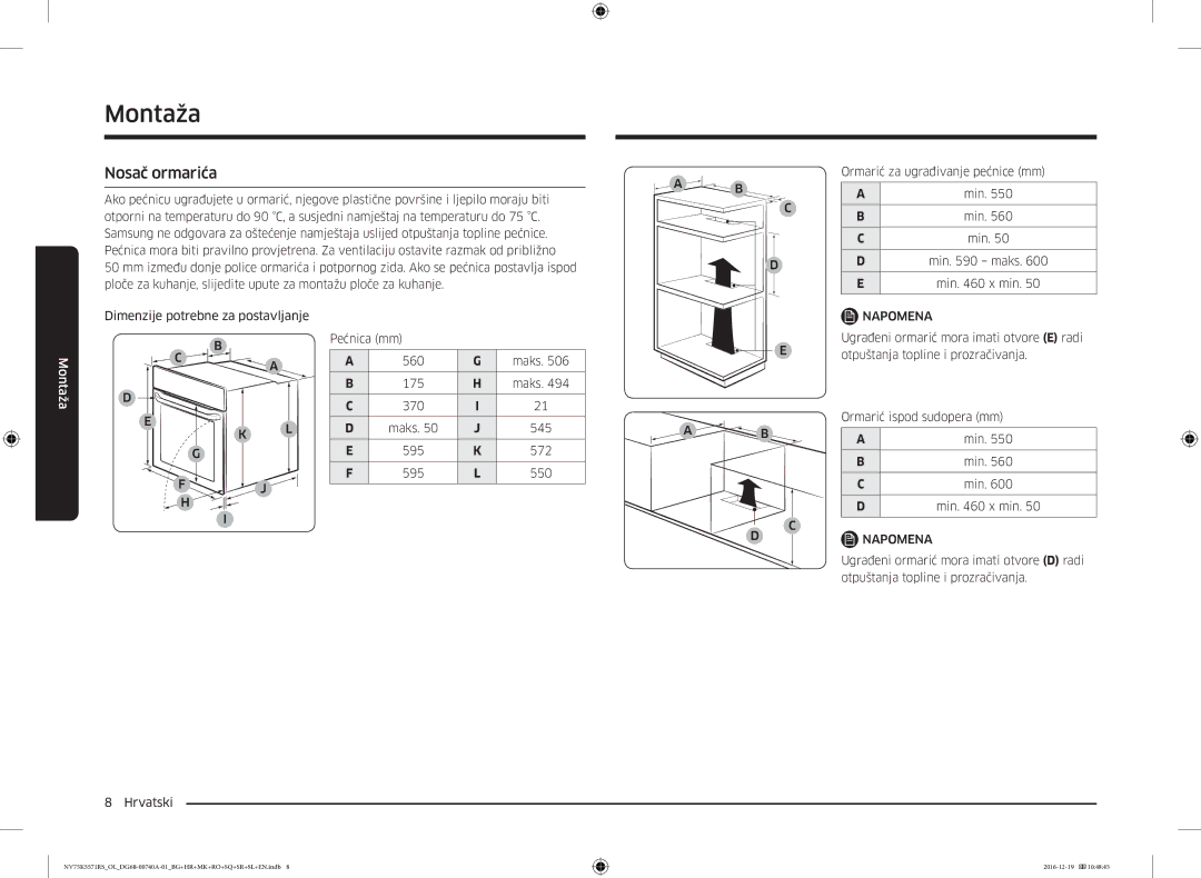 Samsung NV75K5571RS/EG manual Nosač ormarića, Ugrađeni ormarić mora imati otvore E radi, Otpuštanja topline i prozračivanja 