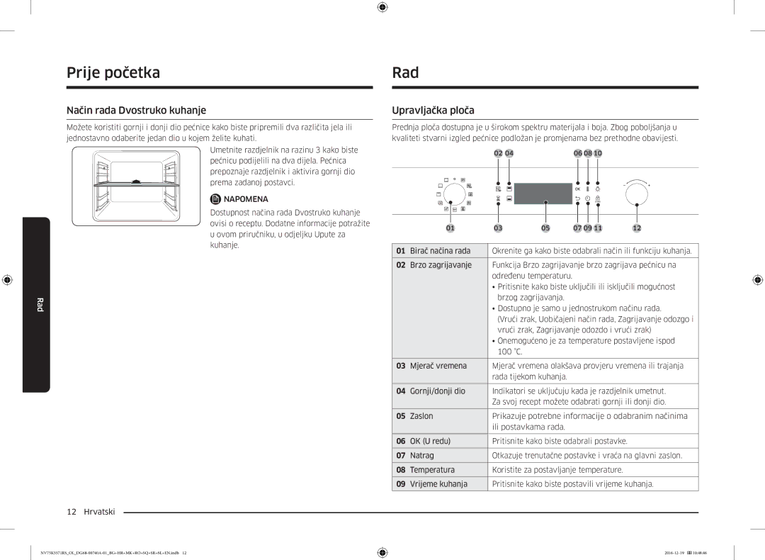 Samsung NV75K5571RS/EG, NV75K5571RS/OL manual Rad, Način rada Dvostruko kuhanje, Upravljačka ploča 