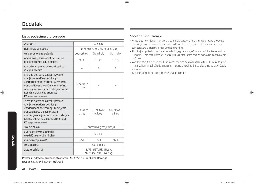 Samsung NV75K5571RS/EG, NV75K5571RS/OL manual Dodatak, List s podacima o proizvodu 