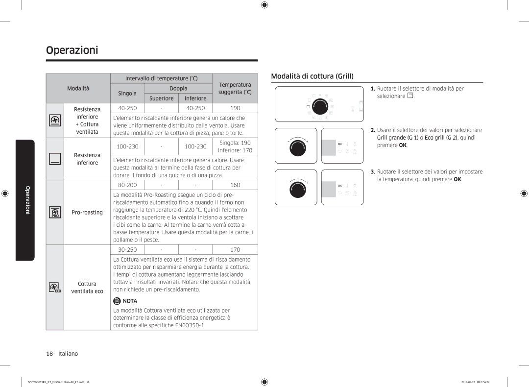 Samsung NV75K5571RS/ET manual Modalità di cottura Grill 