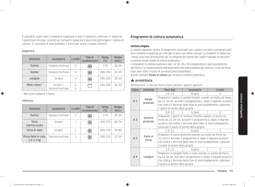 Samsung NV75K5571RS/ET manual Programmi di cottura automatica, Cottura singola 