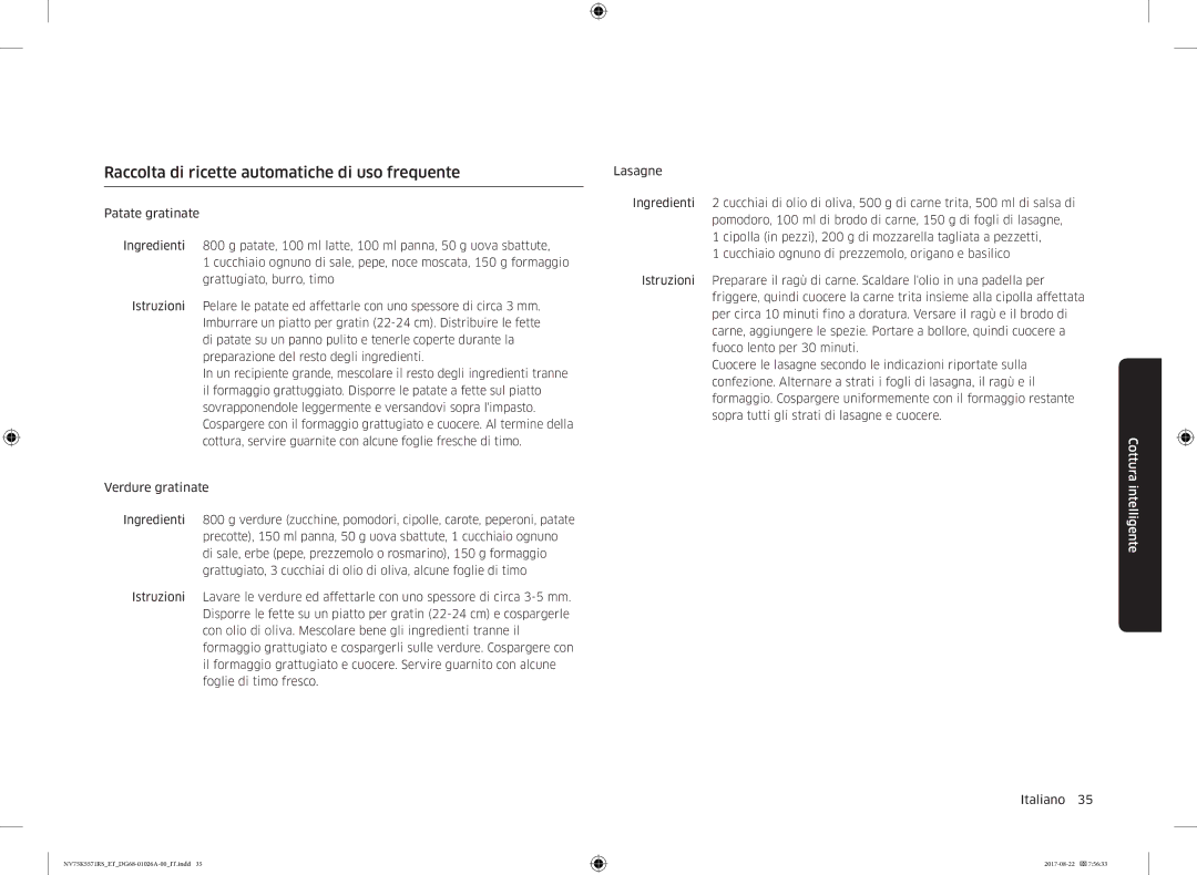 Samsung NV75K5571RS/ET manual Raccolta di ricette automatiche di uso frequente 