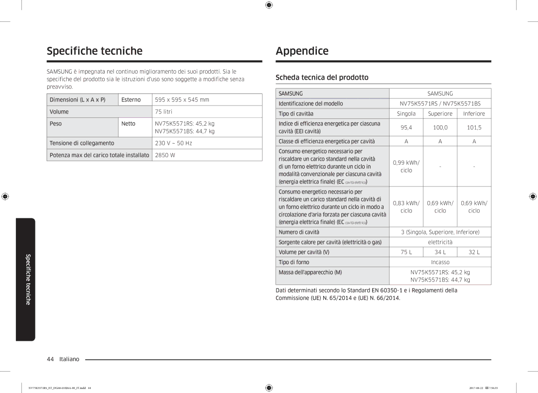 Samsung NV75K5571RS/ET manual Specifiche tecniche, Appendice, Scheda tecnica del prodotto 