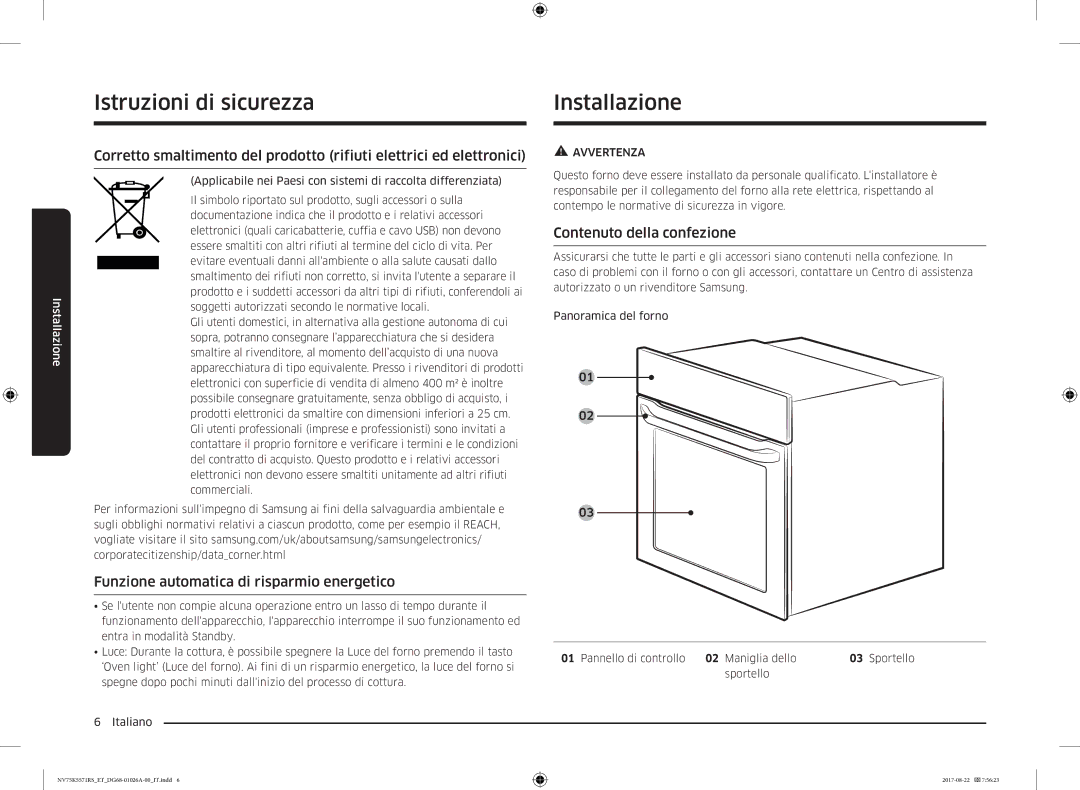 Samsung NV75K5571RS/ET manual Installazione, Funzione automatica di risparmio energetico, Contenuto della confezione 