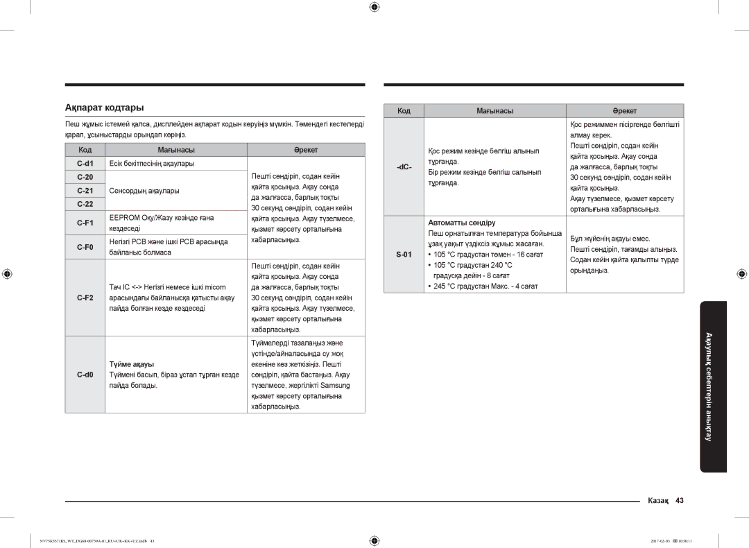 Samsung NV75K5571RS/WT manual Ақпарат кодтары, Код Мағынасы Әрекет, Түйме ақауы, Автоматты сөндіру, Казақ 43 