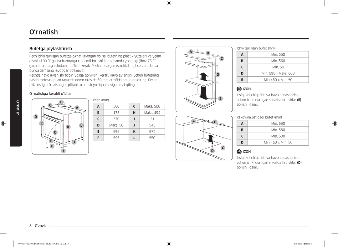 Samsung NV75K5571RS/WT manual Bufetga joylashtirish, Min 460 x Min 