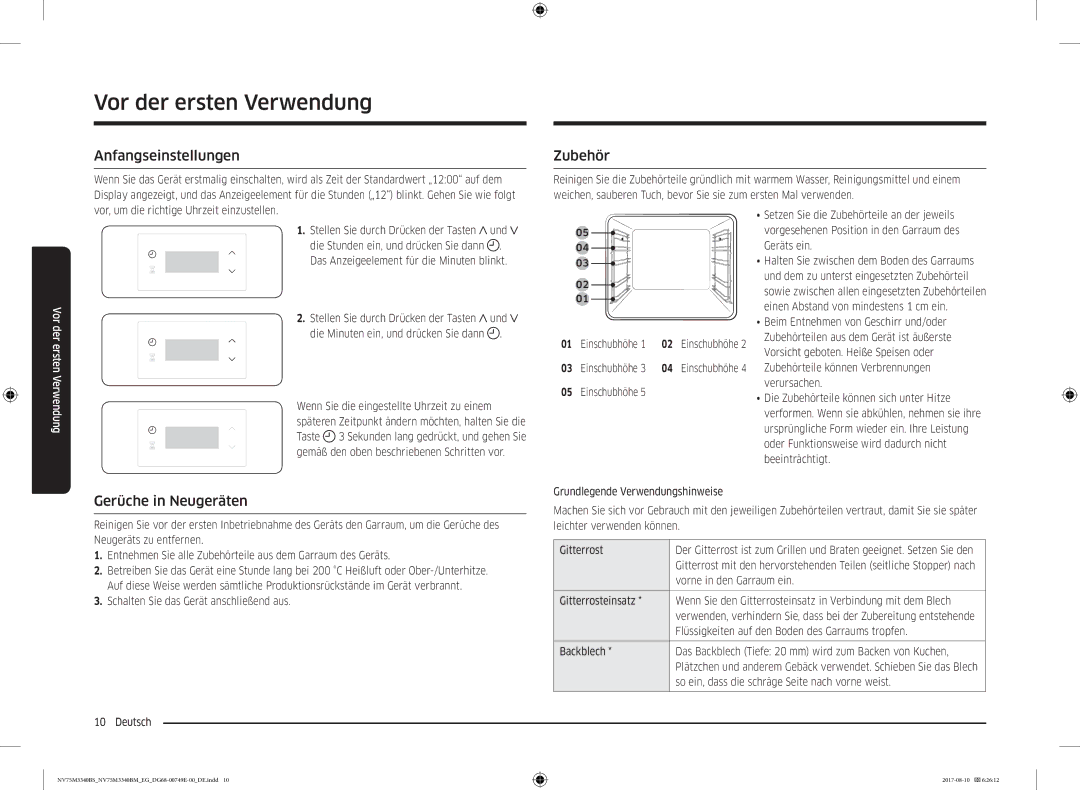 Samsung NV75M3340BM/EG, NV75M3340BS/EG Vor der ersten Verwendung, Anfangseinstellungen, Zubehör, Gerüche in Neugeräten 