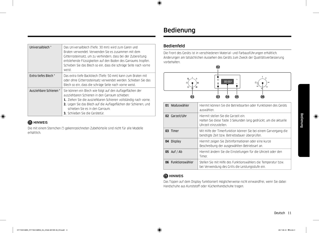 Samsung NV75M3340BS/EG, NV75M3340BM/EG manual Bedienung, Bedienfeld 