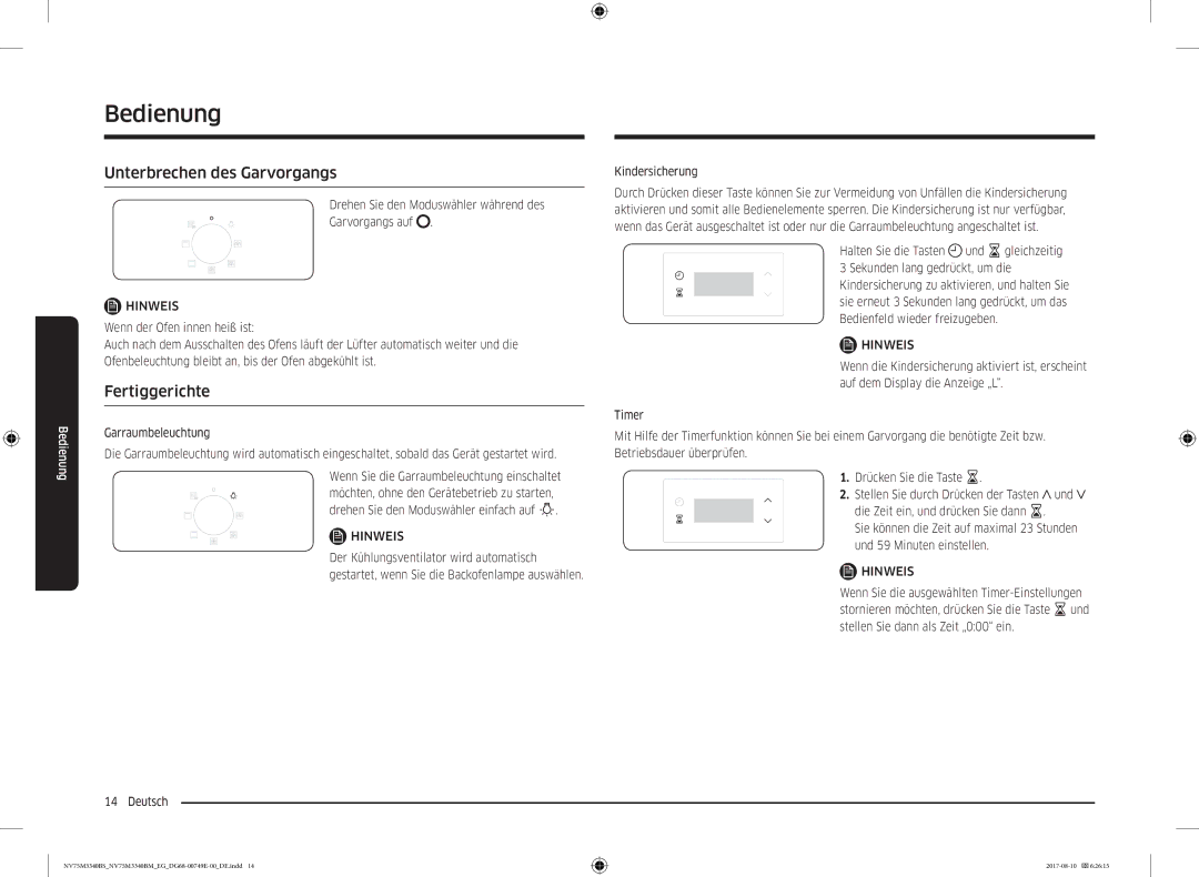 Samsung NV75M3340BM/EG, NV75M3340BS/EG manual Unterbrechen des Garvorgangs, Fertiggerichte, Deutsch Kindersicherung 