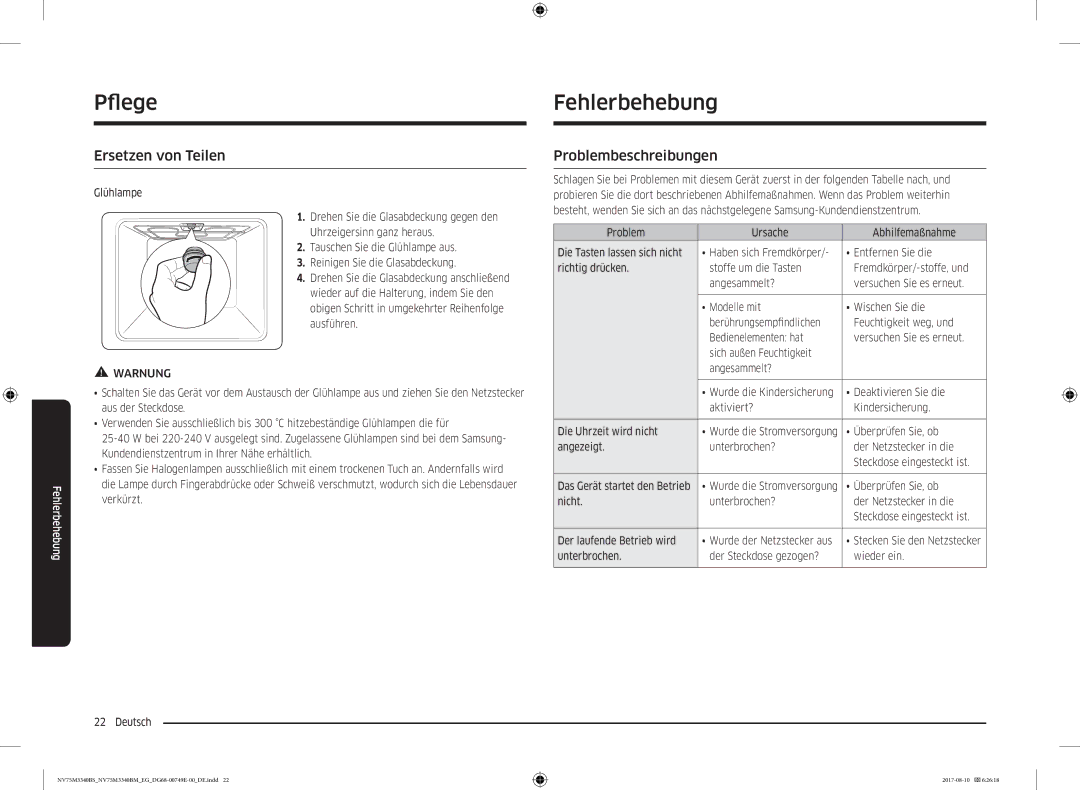 Samsung NV75M3340BM/EG, NV75M3340BS/EG manual Fehlerbehebung, Ersetzen von Teilen, Problembeschreibungen 