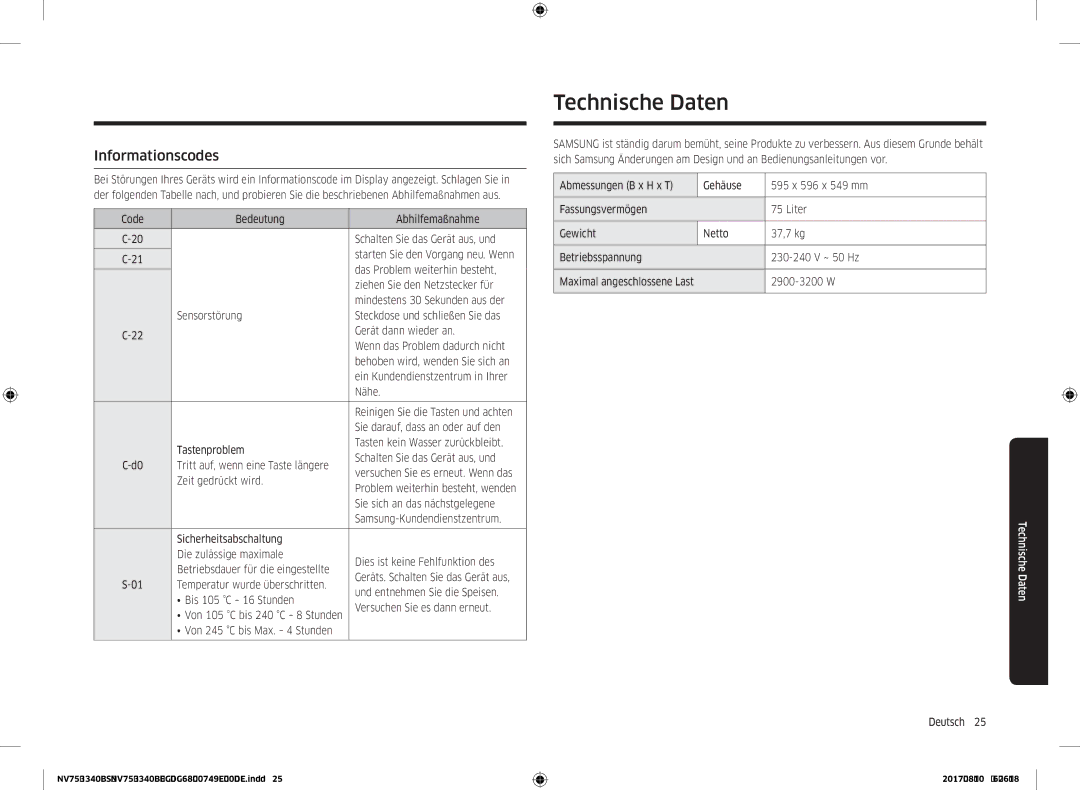 Samsung NV75M3340BS/EG, NV75M3340BM/EG manual Technische Daten, Informationscodes 