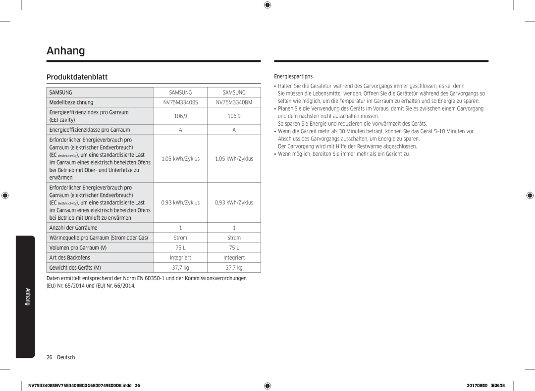 Samsung NV75M3340BM/EG, NV75M3340BS/EG manual Anhang, Produktdatenblatt 