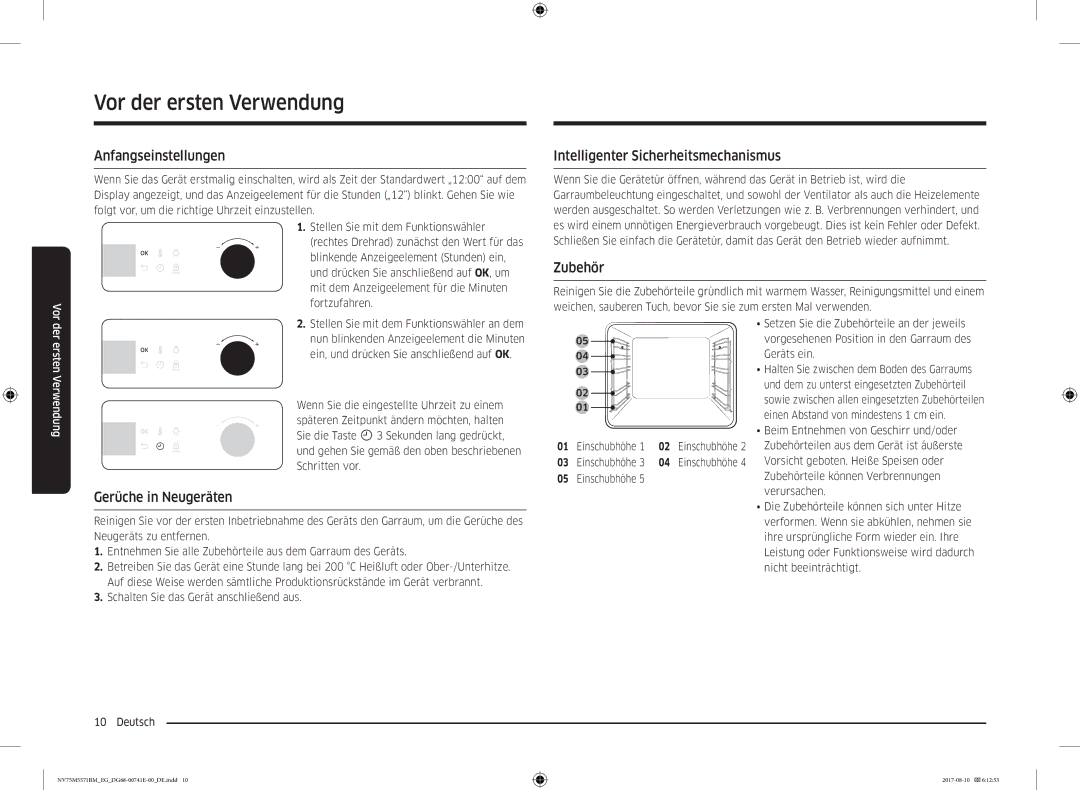 Samsung NV75M5571BM/EG manual Vor der ersten Verwendung, Anfangseinstellungen, Gerüche in Neugeräten, Zubehör 