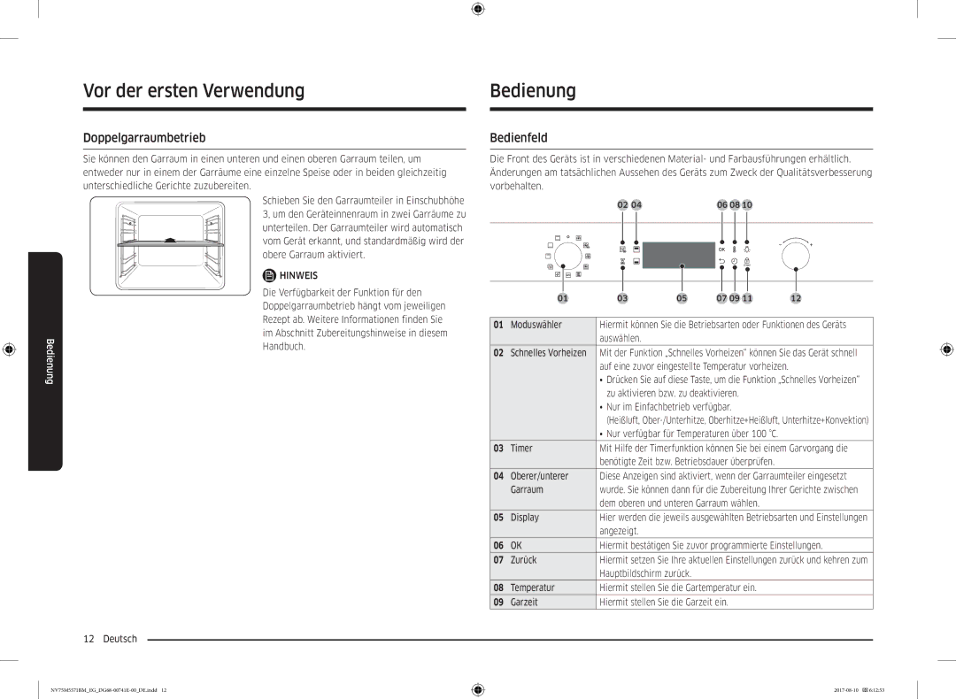 Samsung NV75M5571BM/EG manual Bedienung, Doppelgarraumbetrieb, Bedienfeld 