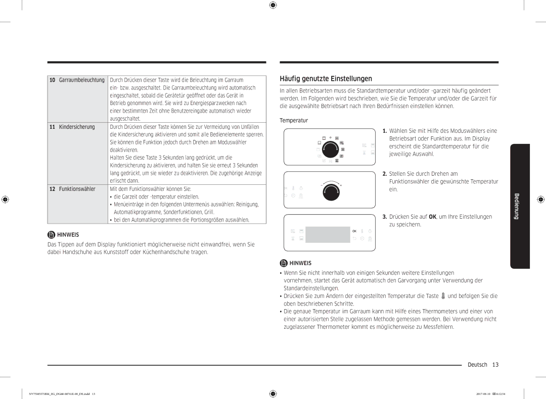 Samsung NV75M5571BM/EG manual Häufig genutzte Einstellungen 