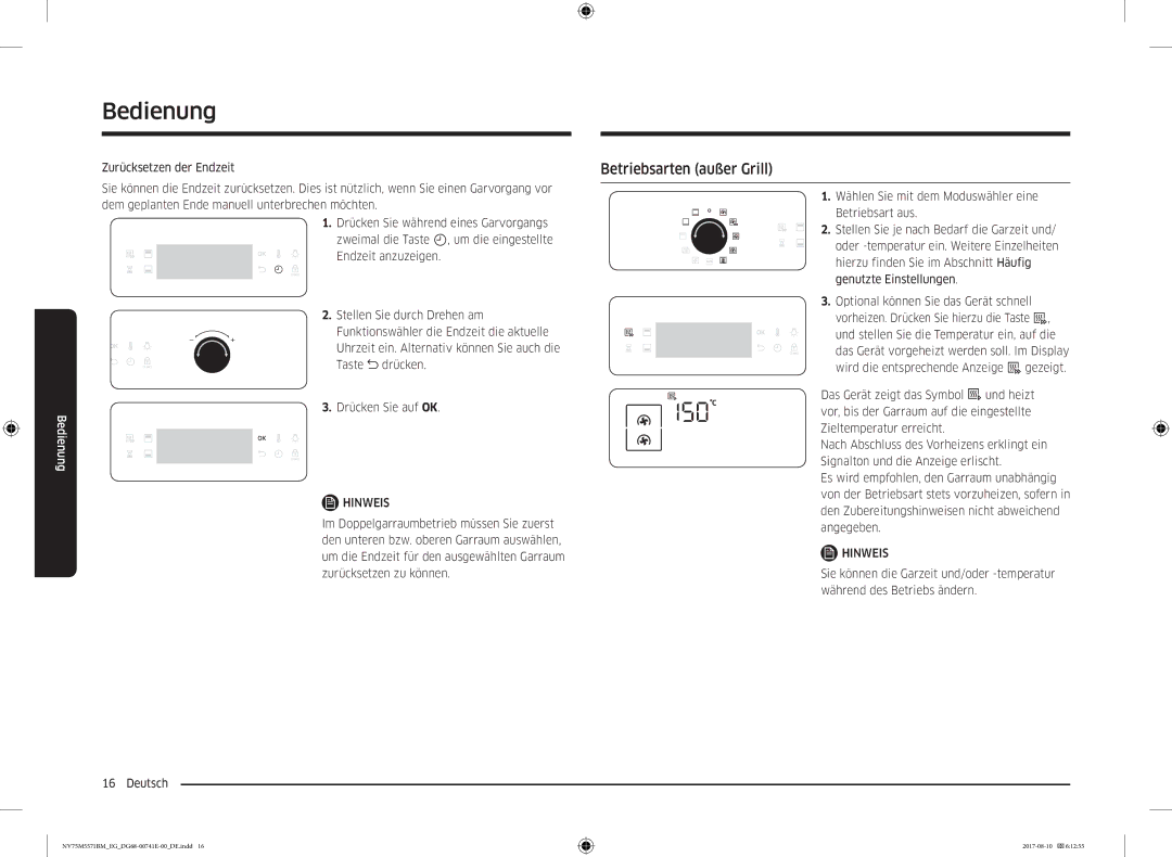 Samsung NV75M5571BM/EG manual Betriebsarten außer Grill, Zurücksetzen der Endzeit 