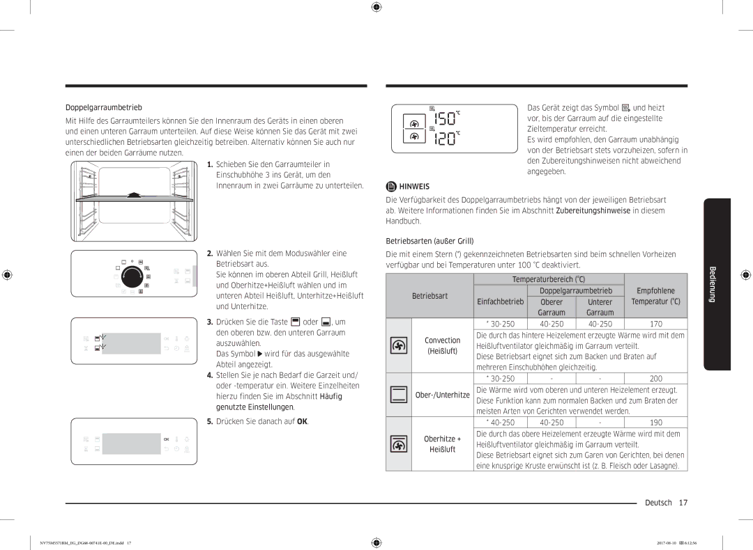 Samsung NV75M5571BM/EG manual Betriebsart Doppelgarraumbetrieb, Einfachbetrieb, Unterer Temperatur C, 30-250 40-250 