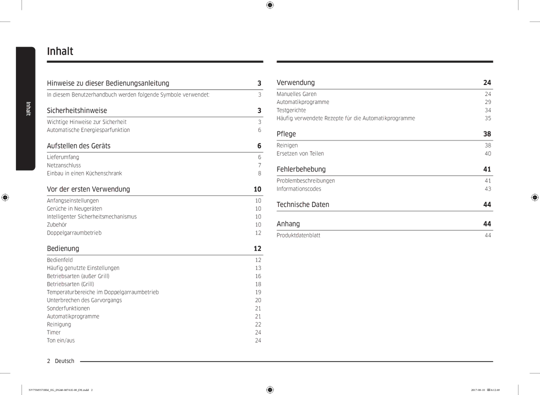 Samsung NV75M5571BM/EG manual Inhalt 