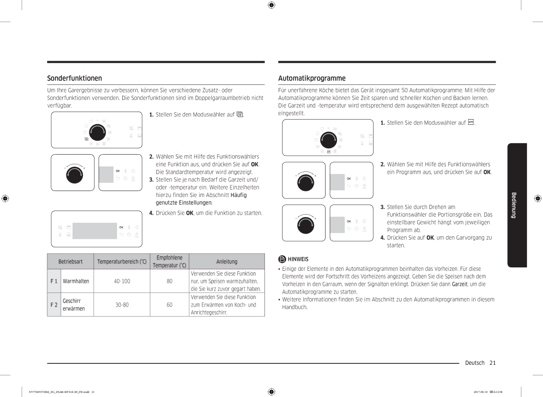 Samsung NV75M5571BM/EG manual Sonderfunktionen, Automatikprogramme 