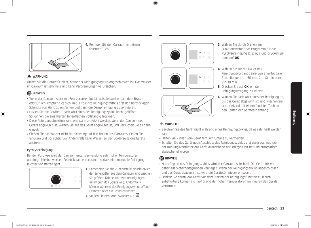 Samsung NV75M5571BM/EG manual Reinigen Sie den Garraum mit einem feuchten Tuch 