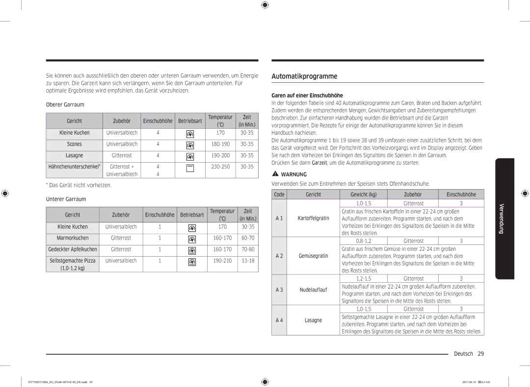 Samsung NV75M5571BM/EG manual Garen auf einer Einschubhöhe 