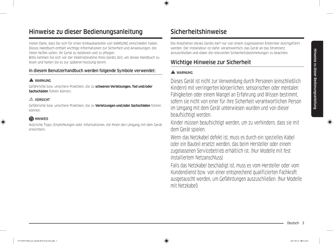 Samsung NV75M5571BM/EG manual Hinweise zu dieser Bedienungsanleitung, Sicherheitshinweise, Deutsch  