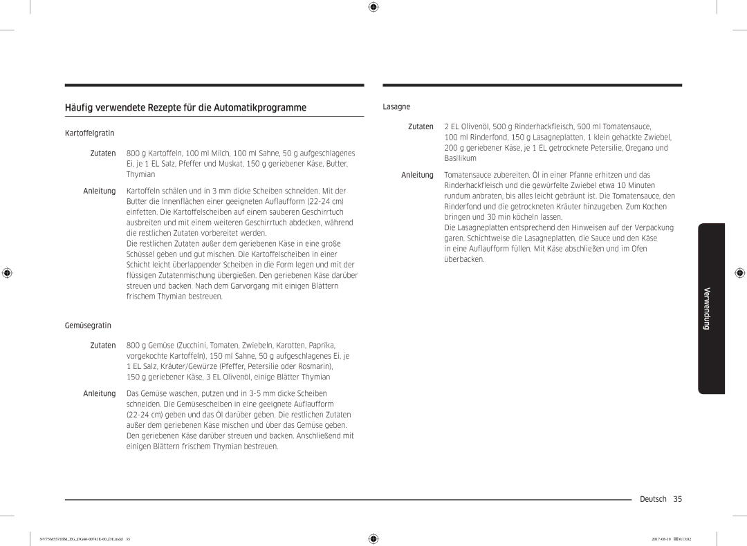 Samsung NV75M5571BM/EG manual Häufig verwendete Rezepte für die Automatikprogramme 